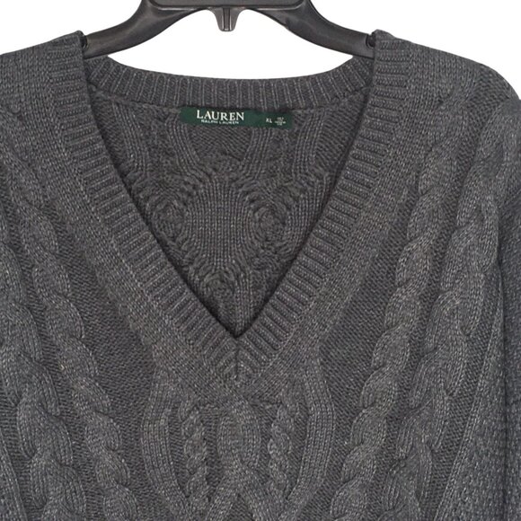 Lauren Ralph Lauren Sweater  XL Cable Knit Pullover Merino Wool Blend V Neck - Picture 3 of 16